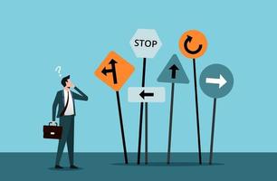 bigbusiness decision making career path choose the right way to success concept confusing businessman looking at multiple road sign with question mark and thinking symbol vector